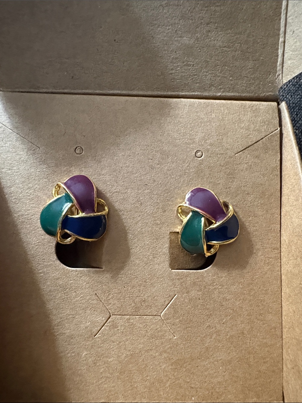 Vintage Gold-Tone Multicolor Knot clip on Earrings - Purple, Teal, Navy